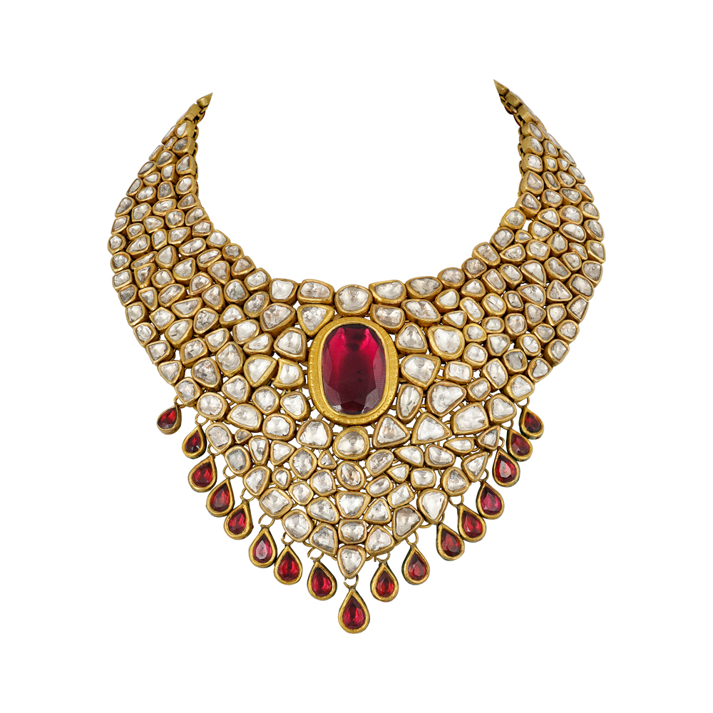 Bridal Polki Necklace with Rhodolite Center and Red Drops
